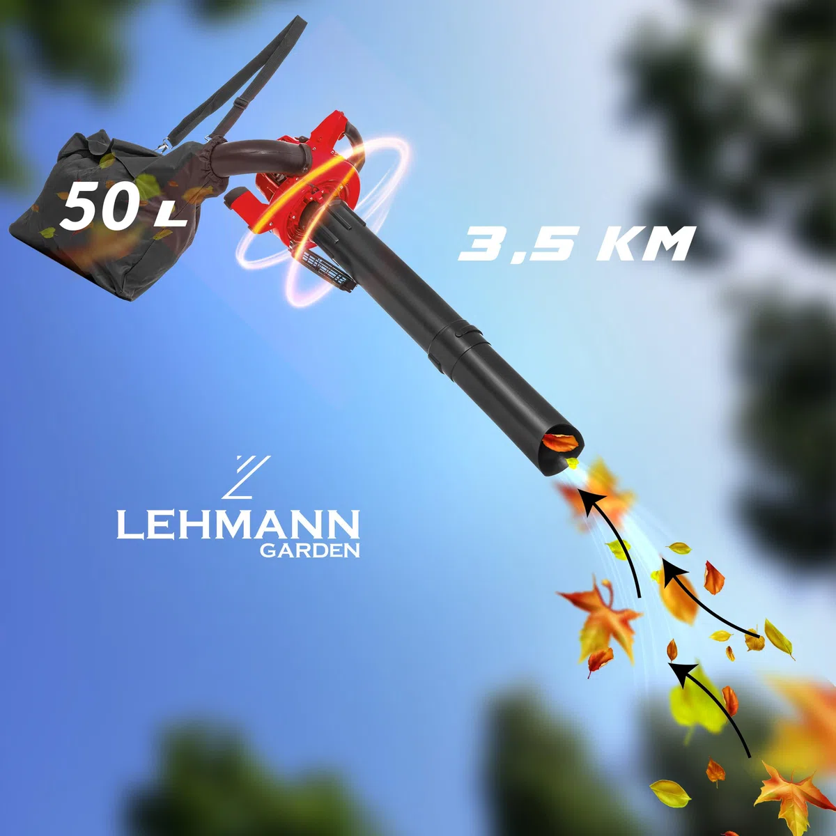 Lehmann Souffleur de Feuilles Thermique 4en, Aspirateur à Feuilles avec Fonction Broyage & Sac de 50L, 2 Temps, Vitesse 97 m/s, Harnais, 2 Tubes & 0,5L Huile Spéciale