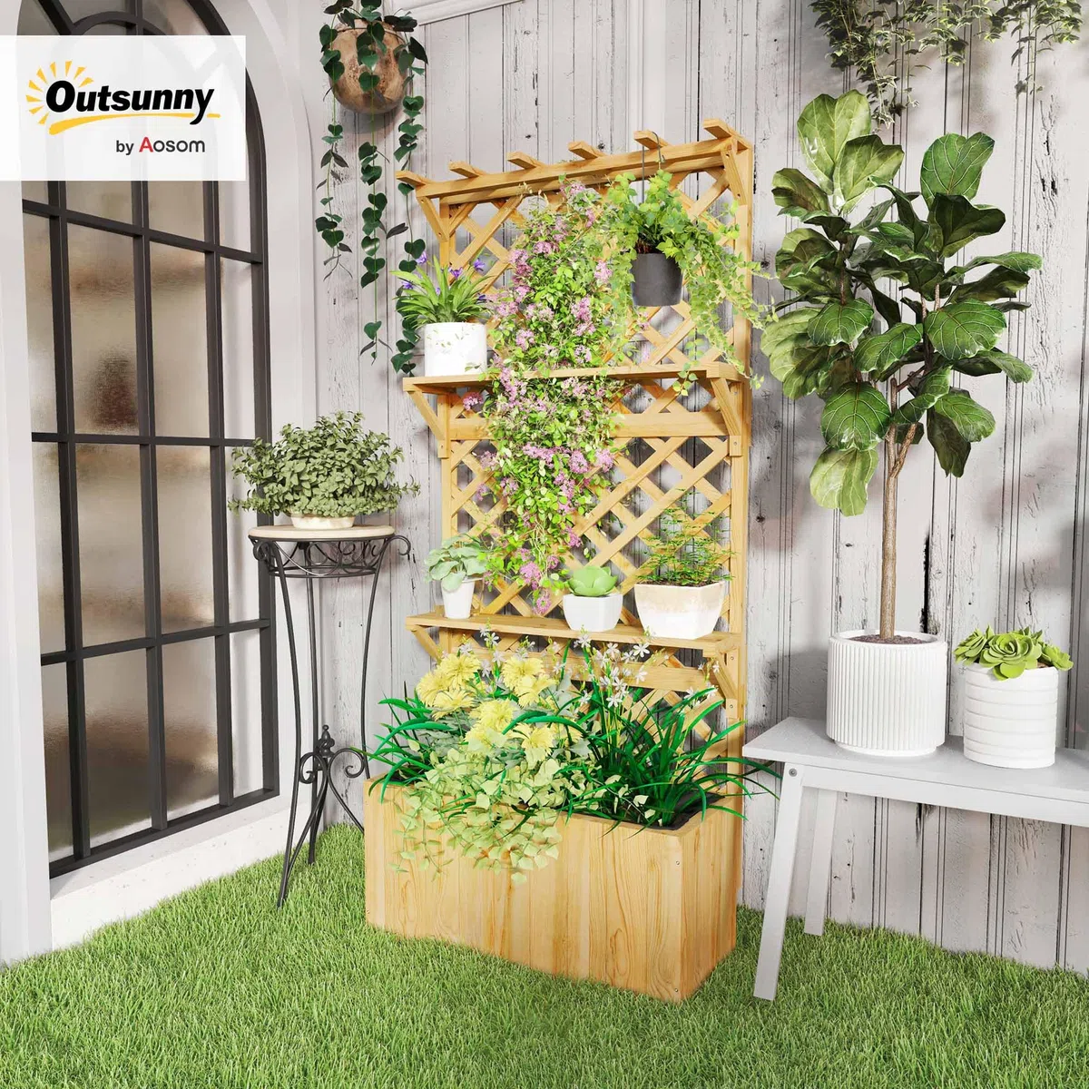 Outsunny Jardinière avec Treillis, Lit Surélevé sur Pied Bois Naturel | Jardin Potager, avec Étagères, Trous de Drainage, Doublure, Bac à Fleurs, Pot de Plantes, Balcon Terrasse Patio