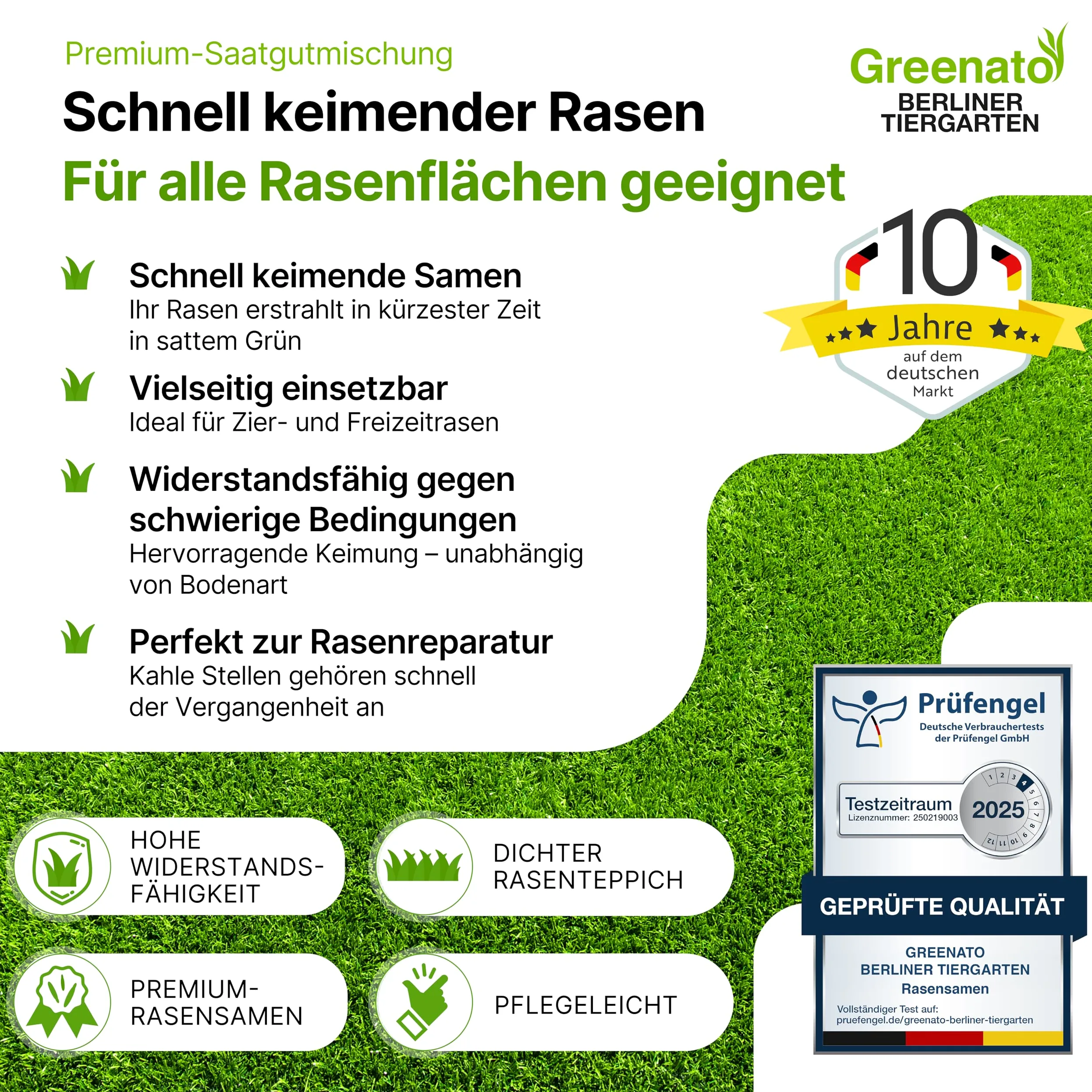 Graines de gazon Greenato Berliner Tiergarten 30kg gazon d'ornement Graines de gazon Graines de gazon - Unité d'emballage au choix de 1-30kg
