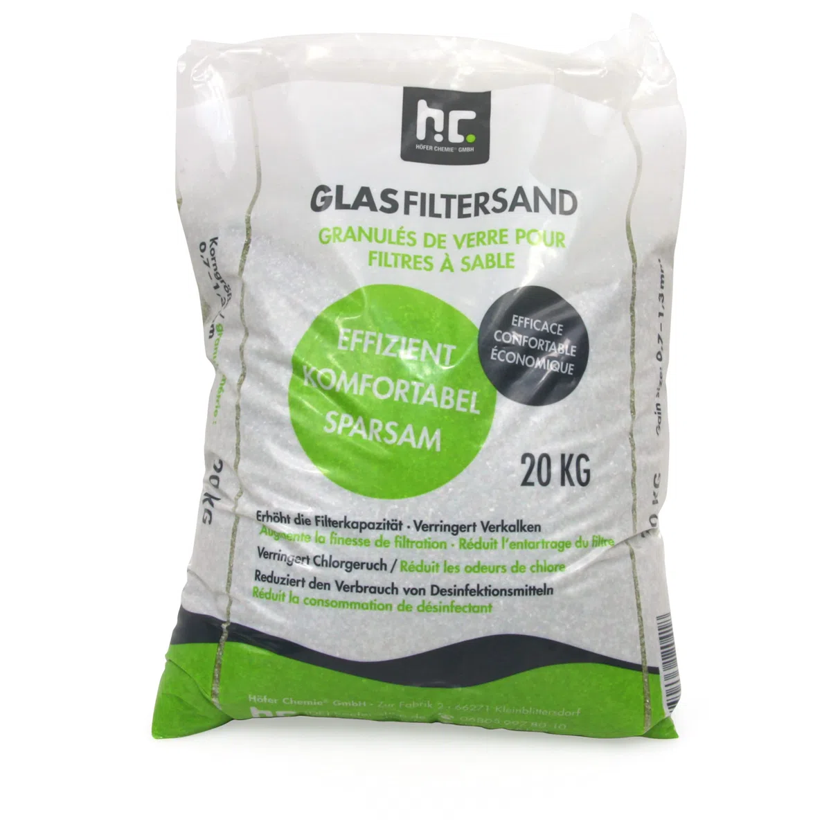 Höfer Chemie – 20 kg de Granulés de Verre Fin pour Filtre à Sable – Granulométrie 0,7-1,3 mm – Alternative Écologique au Sable de Quartz – Filtration Optimisée et Longue Durée