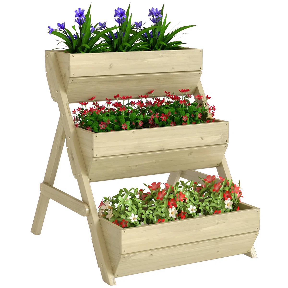 Outsunny Jardinière Surélevée en Bois avec 3 Étages 65 x 75 x 76 cm Vert | Bac à Fleurs, Étagère en Escalier pour Plantes, Trous de Drainage, pour Terrasse Balcon Jardin, Herbes Aromatiques