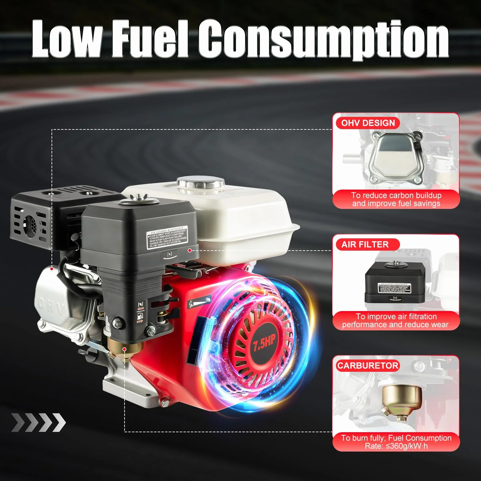 7,5 CV Moteur Thermique 4 Temps Moteur à Essence Moteur Karting - Tondeuse à Gazon - Fraise à Neige - Refroidissement à air