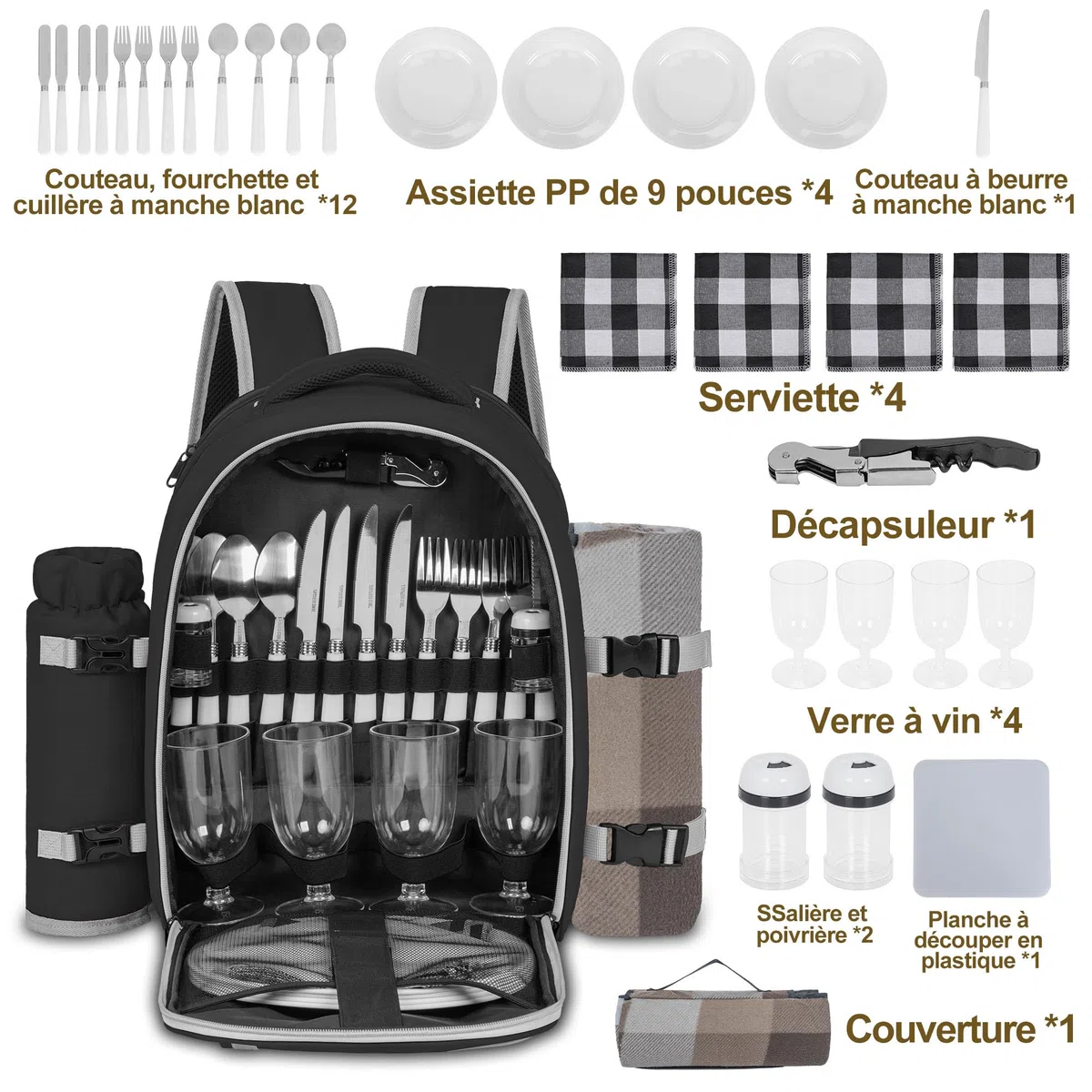 Sac à Dos de Pique-Nique pour 4 Personnes avec Compartiment Réfrigérants Isolés et Étanches, 30 Pièces Sac de Pique-Nique avec Ensemble et Couverture, pour Plage, Camping, Randonnée (Noir)