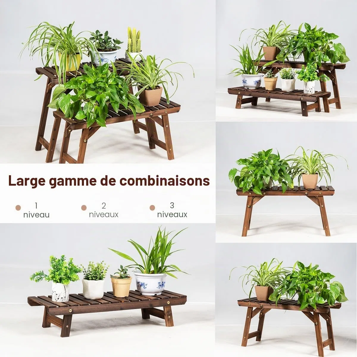 Étagère pour plantes en bois à 3 Etagères Interieur et extérieur, Support Plantes, Présentoir, Porte Plantes, Piédestal à Echelle pour Salon Balcon Terrasse Jardin