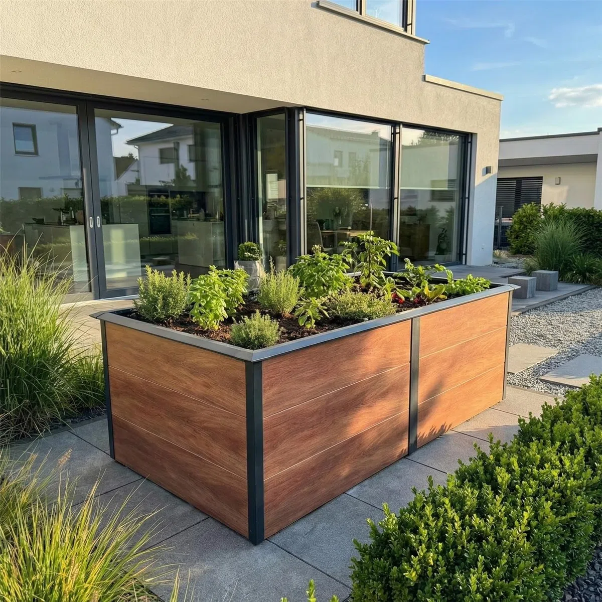 Metzler Jardinière surélevée pour le jardin – Acier en imitation bois | Avec protection intégrée contre les limaces | Jardinière de jardin en métal résistant aux intempéries, bac à plantes, jardinière