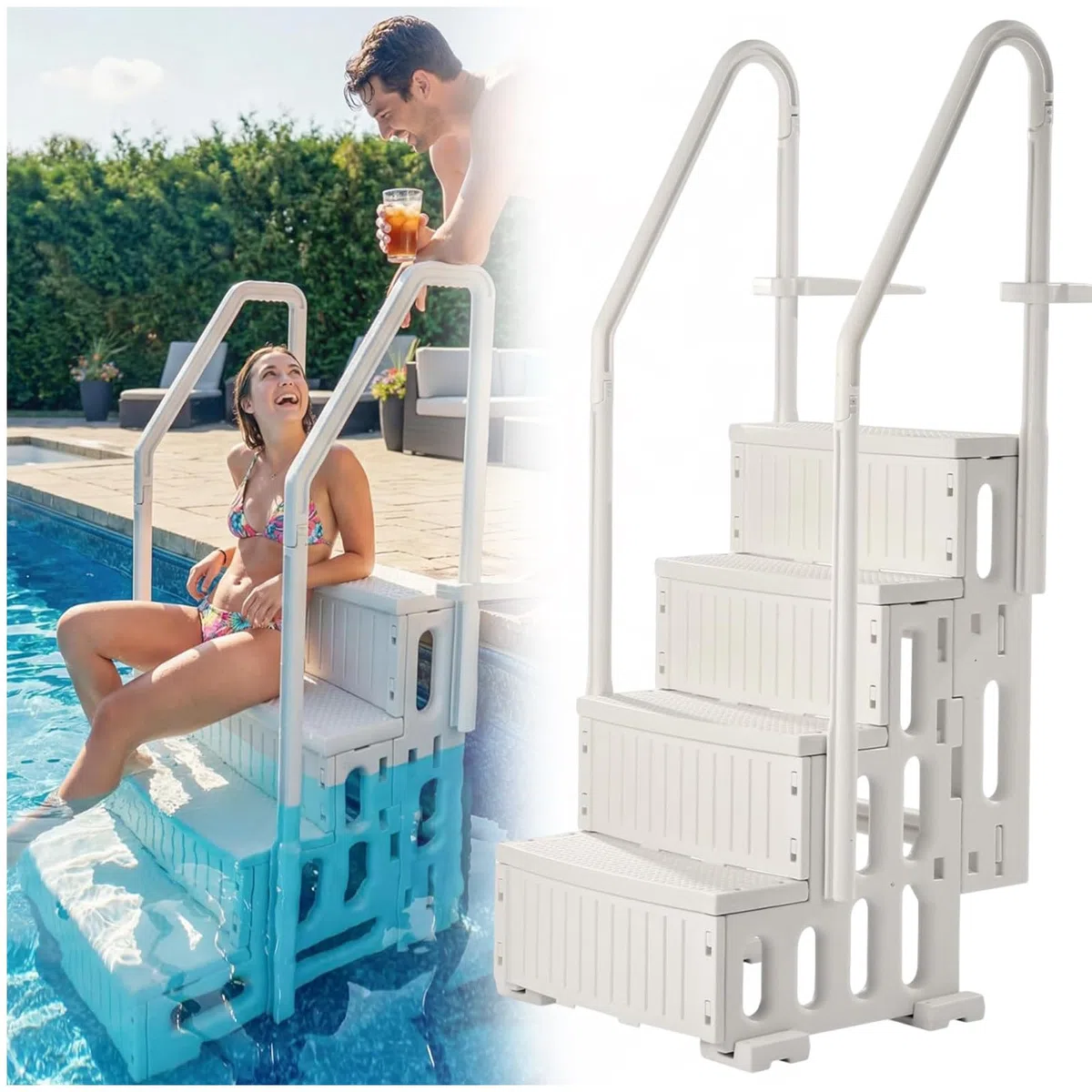 échelle de Piscine Hors Sol à pour Piscines de 116 à 152 cm | Accessoires de Piscine Antidérapants Comprenant Des Supports de Fixation pour Terrasse, Capacité de Charge de 180 kg