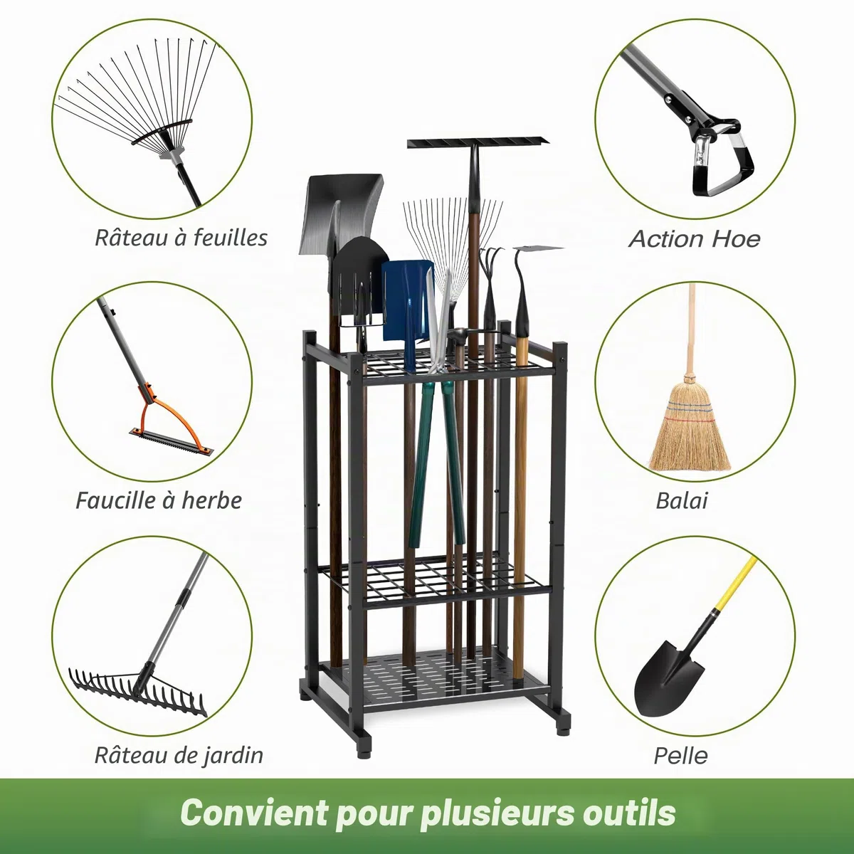 Organiseur outil de jardin et tour robuste pour l'organisation et le rangement du garage, jusqu'à 35 outils à long manche, râteaux/balais