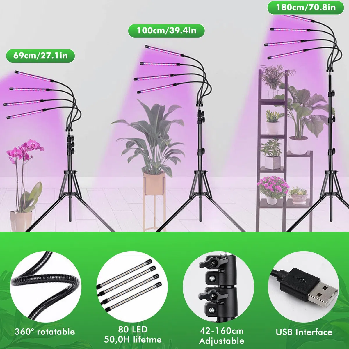 Nikou Lampe de Plante, 80 LEDs Lampe de Croissance Horticole pour Plantes avec Trépied Réglable, 4 Têtes pour Plantes d'Intérieur, avec 10 Niveaux Dimmables 3 Modes de Minuterie