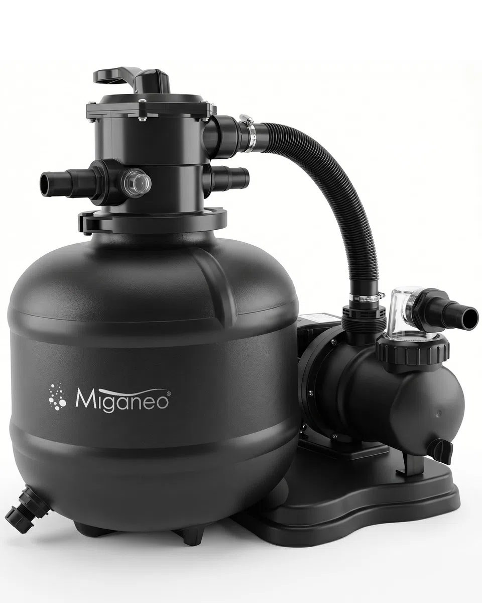 Miganeo Filtre à Sable Dynamic 8000 Pro - Noir | 8000 l/h | Système de filtration pour piscines | Chaudière 370 mm | auto-suceur