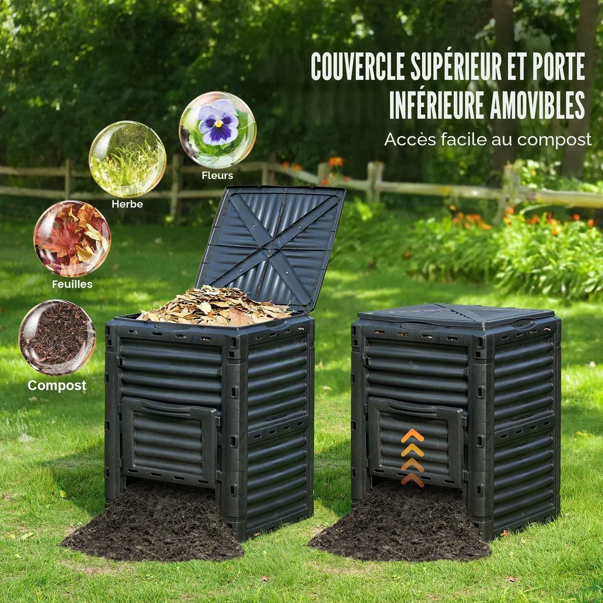 VEVOR Composteur de Jardin 300 L Bac à Compost Extérieur sans BPA avec Couvercle Porte Inférieure Grande Capacité Facile à Installer pour Collecte des Feuilles Compostage Création Rapide Sol Fertile