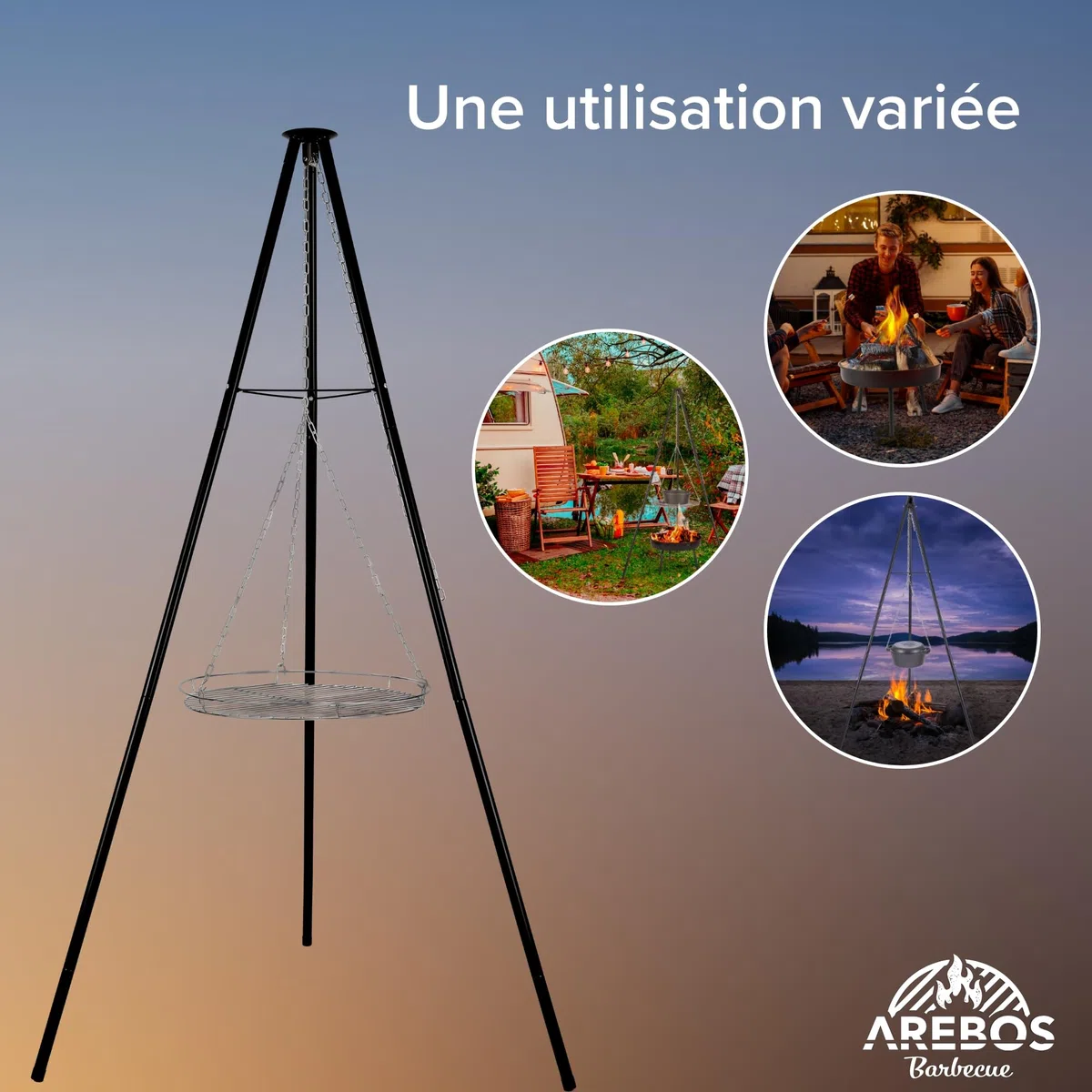Arebos Barbecue suspendu | Barbecue au charbon de bois avec brasero Ø 51 cm | Trépied pour chaudron à goulasch | Grille de cuisson Ø 49 cm | Armature de barbecue avec brasero | Chaîne réglable en