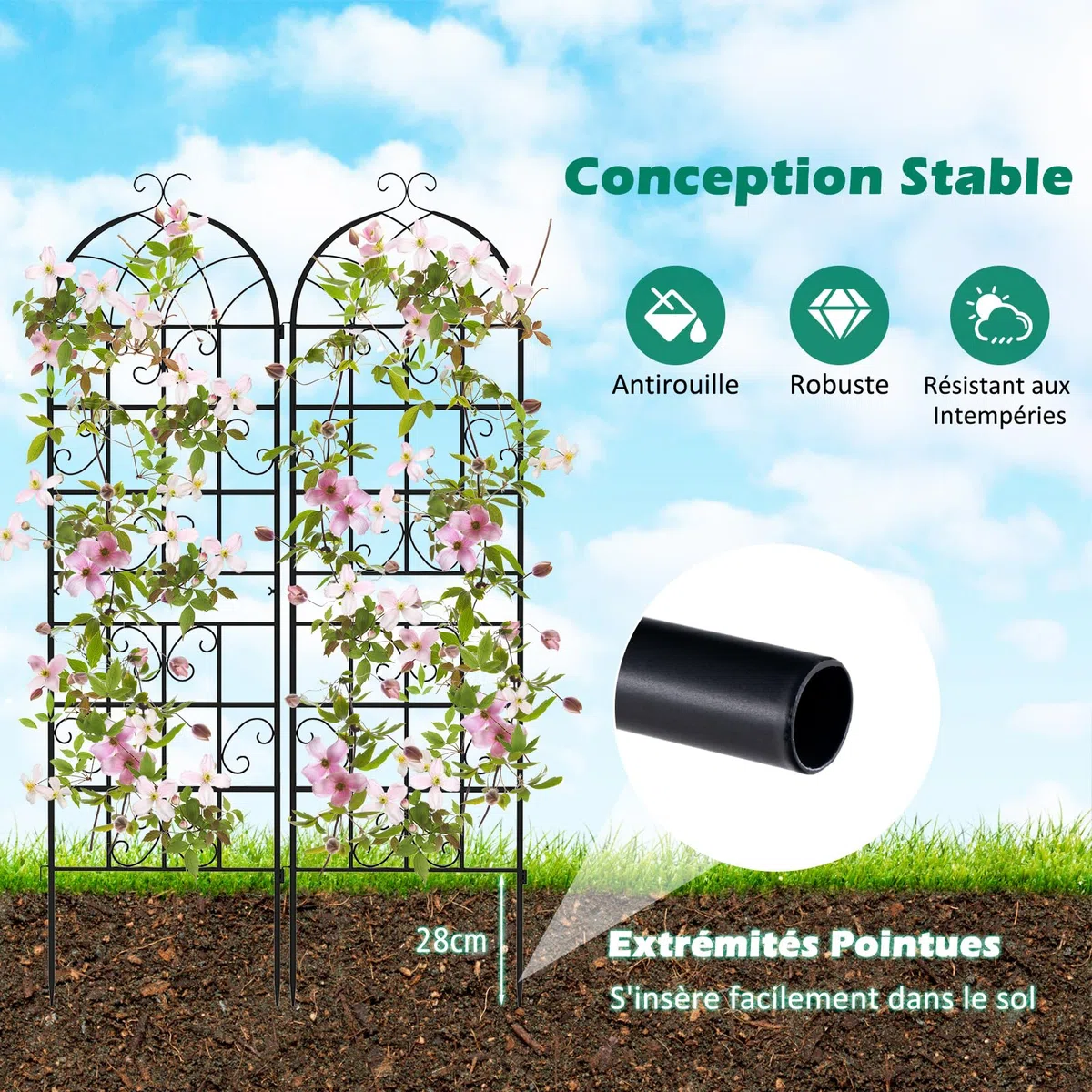 COSTWAY Lot de 2 Treillis de Jardin en Métal 180 x 50 cm, Clôture Décorative pour Plante Grimpante, Grille Fleurs Antirouille pour Jardin, Cour, Patio, Noir