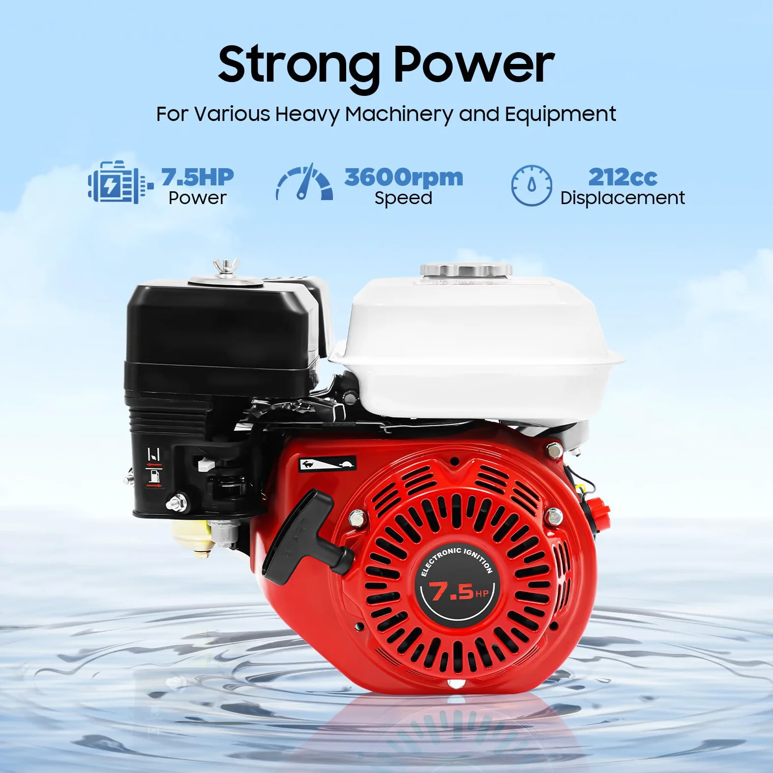7.5 CV Moteur à essence Moteur de remplacement pour motoculteur thermique, sécurité niveau d'huile, 4 temps, 1 cylindre, 212 cc cylindrée, refroidissement air démarrage câble (3000W 7.5HP)