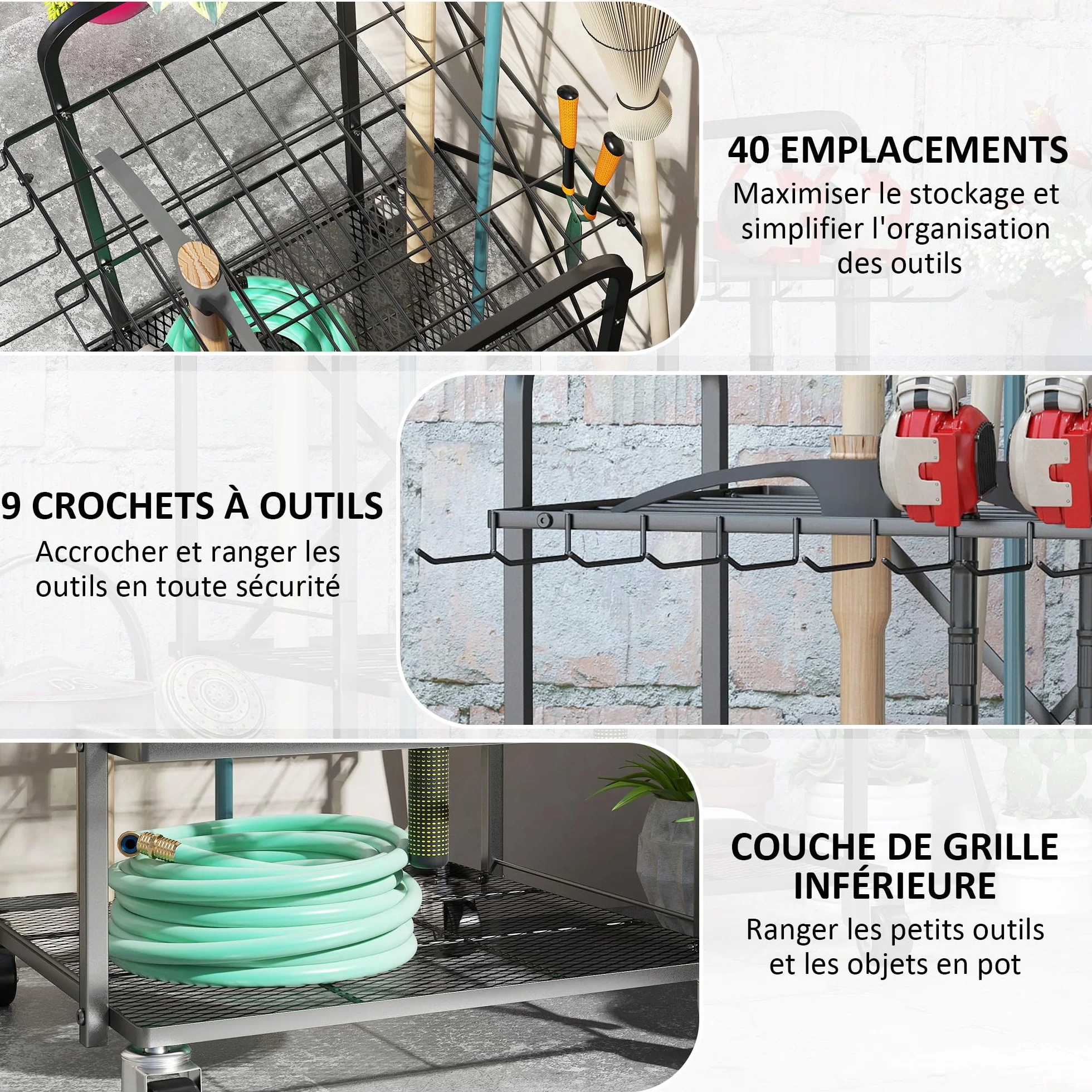 Outsunny Organisateur d'outils de Jardin avec 9 Crochets, Support à Outils de Jardin 40 Compartiments, Porte-Outils de Garage en métal sur roulettes pour sécateurs, pelles, râteaux, Noir