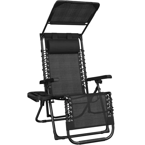 Yaheetech Chaise Longue avec Pare Soleil Bain de Soleil Pliable, avec Pare Soleil & Appuie-tête, Chaise Longue inclinable Transat de Plage Relax Camping Salon de Jardin Exterieur, Gris (1, Noir)
