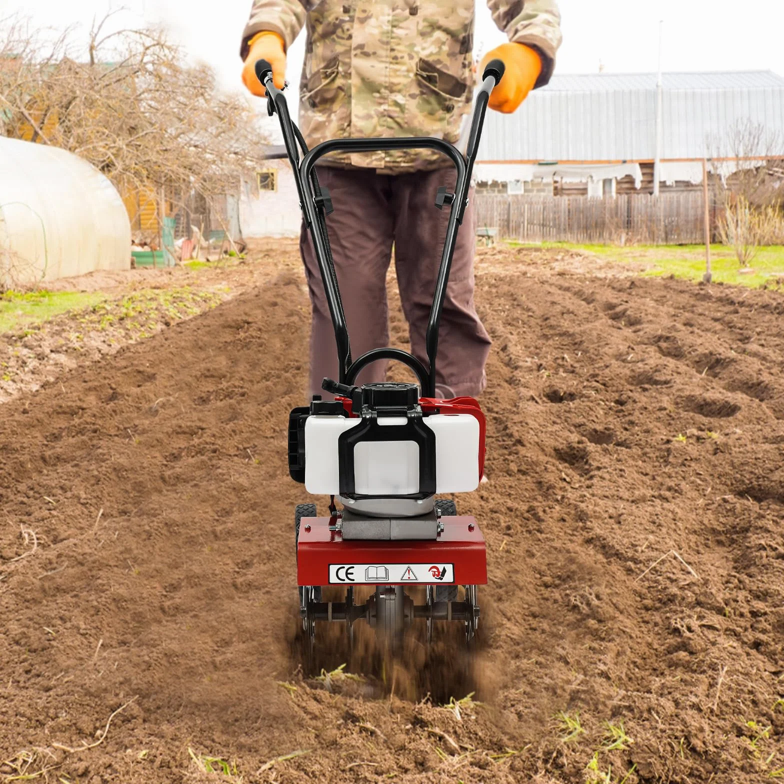 Motoculteur à essence 52CC 2 temps avec 4 lames en acier, largeur de travail de 35 cm, roues réglables en hauteur pour creuser et enlever les mauvaises herbes