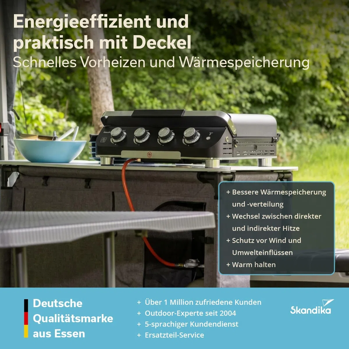 Skandika Plancha à gaz Palo | Plaque de cuisson à 3 ou 4 brûleurs, égouttoir, barbecue à gaz transportable avec plaque plancha | Camping, bbq de table, jardin (4 brûleurs avec couvercle)