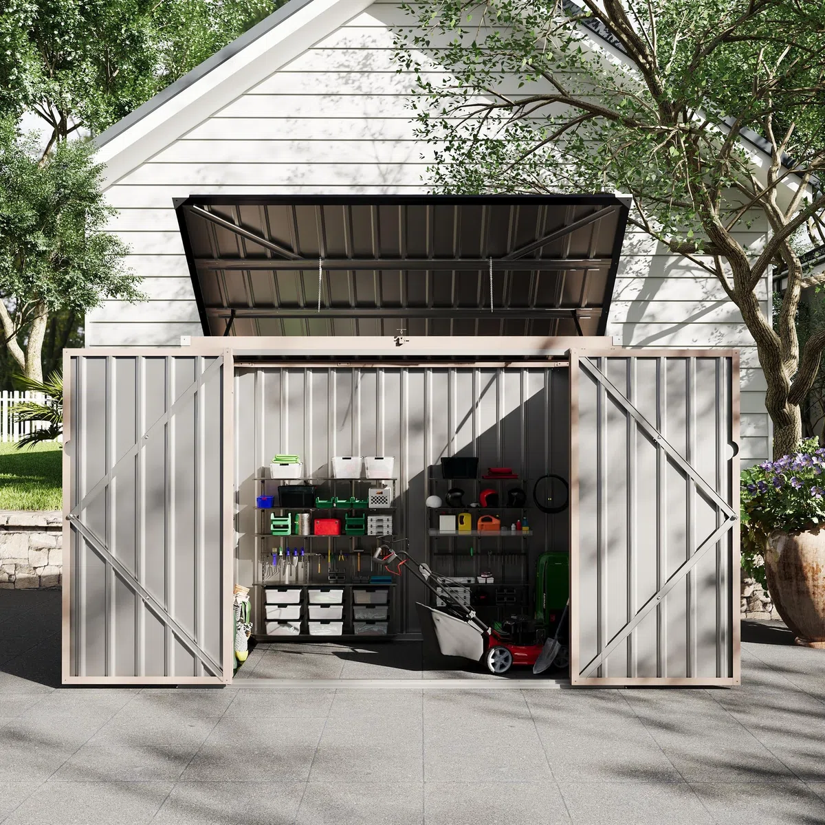 Coffre De Rangement Extérieur en Métal-2 Portes-Le Haut Peut s'ouvrir | Étanche Et Anti-Rouille, Couvercle à Chaîne Sécurisé, Idéal Pour Jardin, Terrasse Et Patio