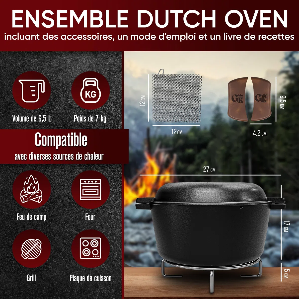 GUSSKÖNIG Dutch Oven 2-en-1 (4,8 L) avec poêle (1,8 L) en matériau robuste – Cocotte Norvégienne avec accessoires et livre de recettes – Idéal BBQ, camping, cuisine.