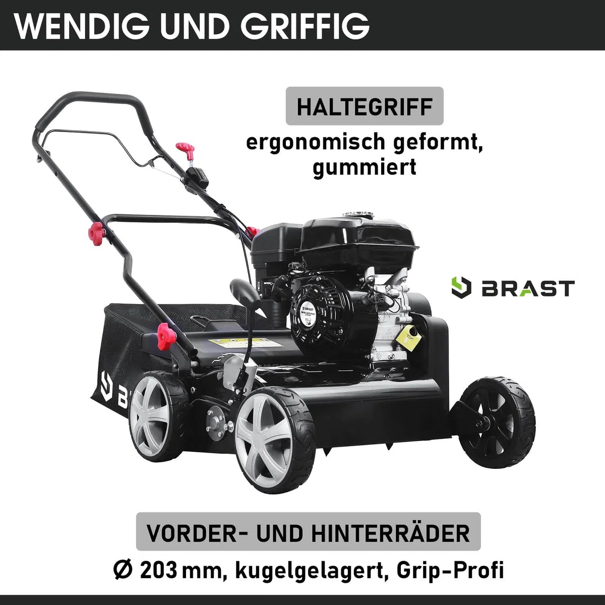 BRAST scarificateur thermique 212cc 6,12 ch Motor 4 temps, largeur de travail 42 cm - 4 MODÈLES puissances différentes - bac de ramassage 50 l, carter en metal, émousser gazon