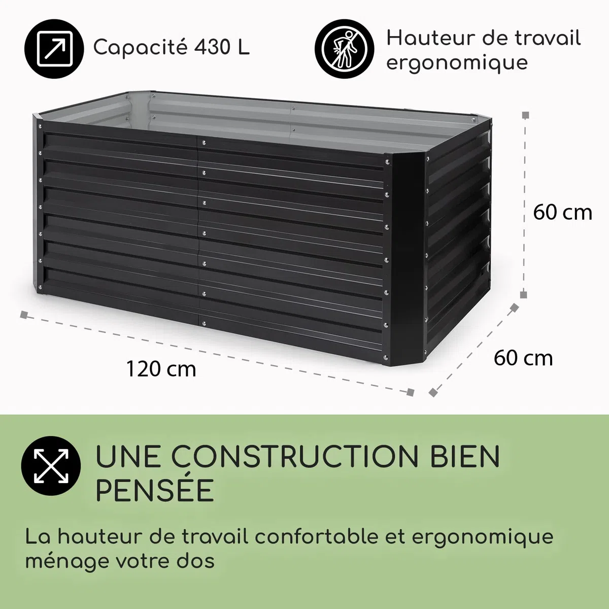 blumfeldt Jardiniere sur Pieds, Espace Potager Jardinage Extérieur, Surélevé en Hauteur, pour Balcon, Bac Potager en Acier, 432L, 1,2 m
