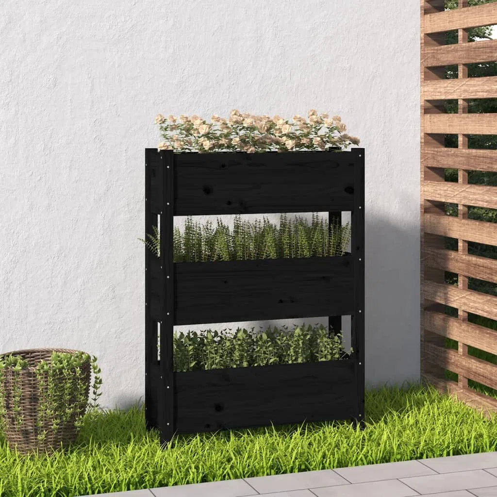 Jardinière Noir 77x25x104,5 cm Bois Massif de Pin - Carré Potager Vertical 3 Bacs pour Balcon, Jardin et Terrasse - Lit Surélevé Robuste et Grand Espace de Plantation