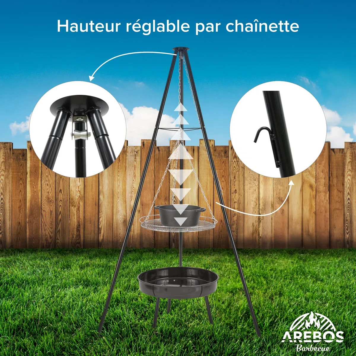 Arebos Barbecue suspendu | Barbecue au charbon de bois avec brasero Ø 51 cm | Trépied pour chaudron à goulasch | Grille de cuisson Ø 49 cm | Armature de barbecue avec brasero | Chaîne réglable en