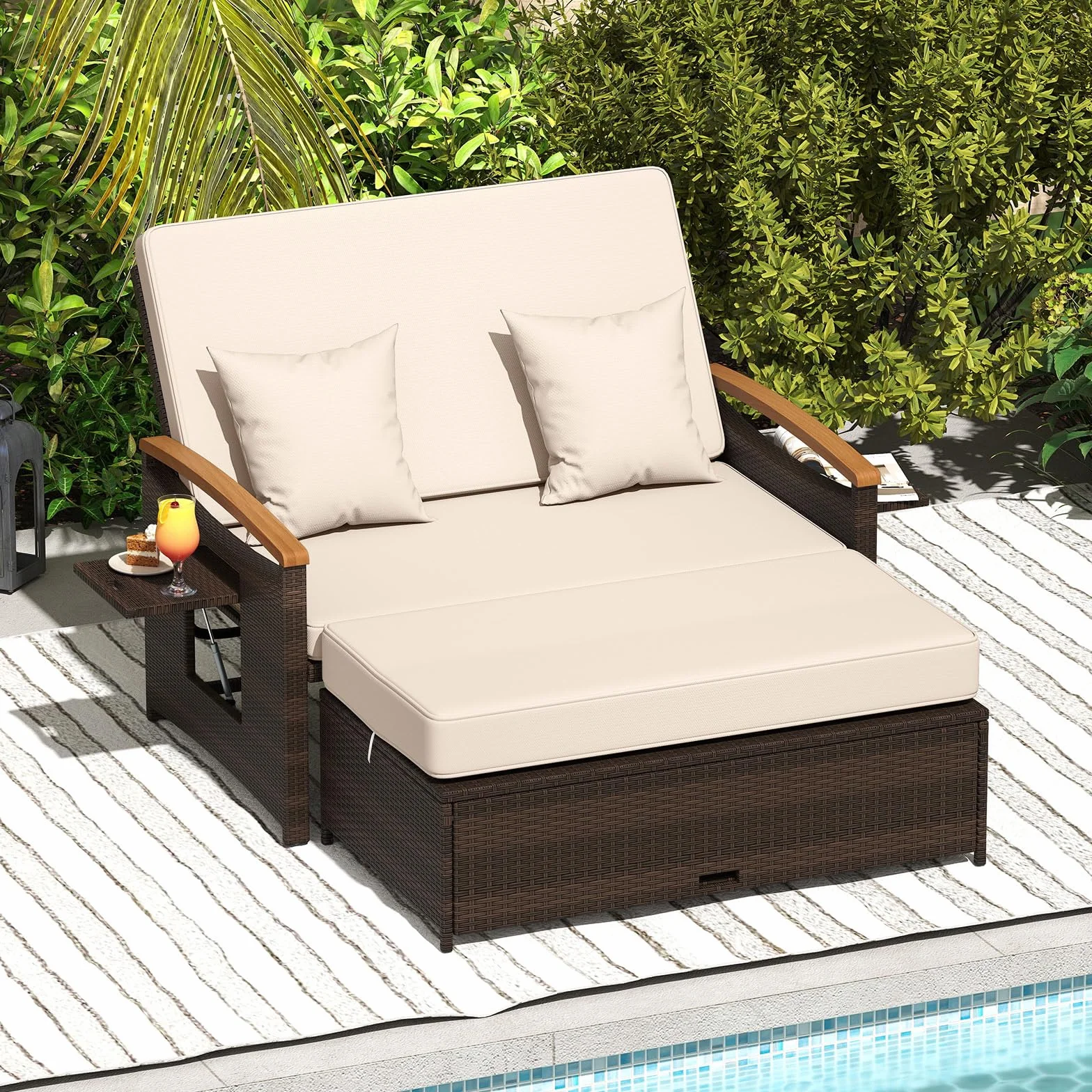 COSTWAY Salon de Jardin en Rotin avec Ottoman de Rangement, Bain de Soleil avec Plateau Latéral Rétractable Dossier Réglable sur 4 Niveaux, Canapé à 2 Places pour Jardin Patio Piscine (Marron+Beige)