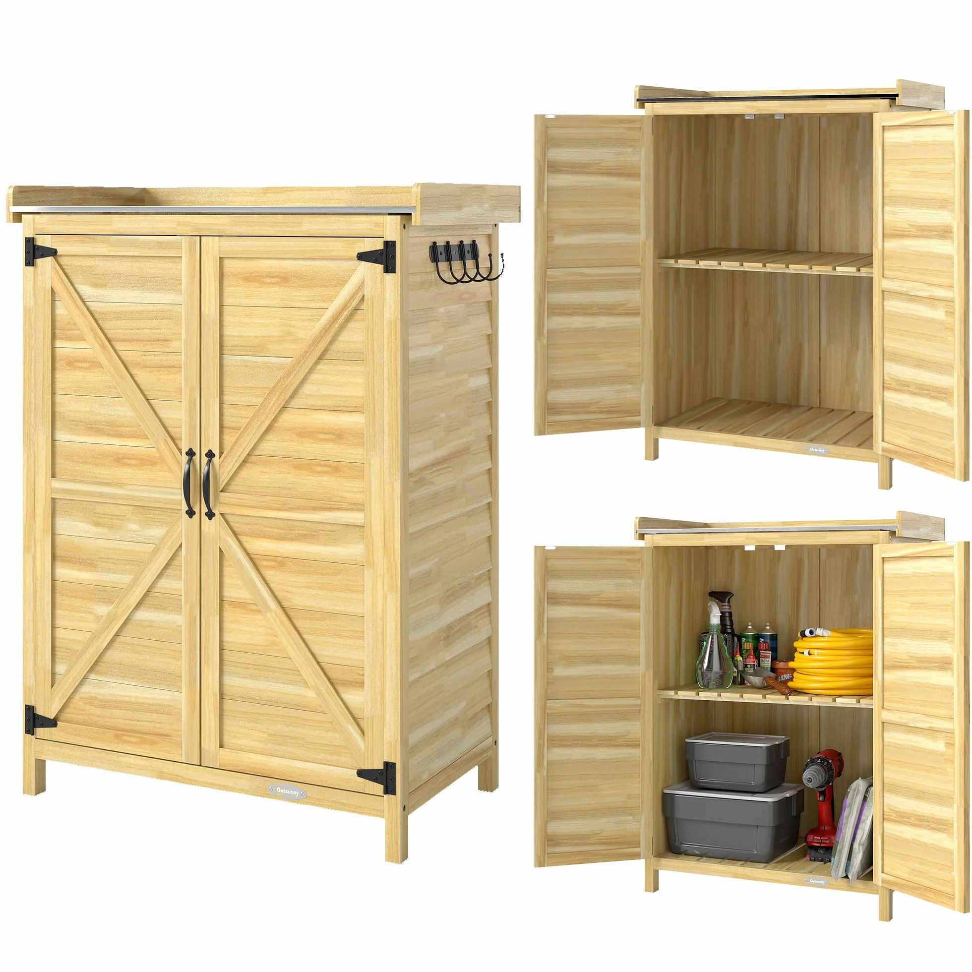Outsunny Armoire de Jardin en Bois, Armoire extérieure de Rangement avec étagère et Crochets, Plan de Travail en métal galvanisé, Table de rempotage pour Balcon et terrasse 71,5x39x95 cm Bois Naturel