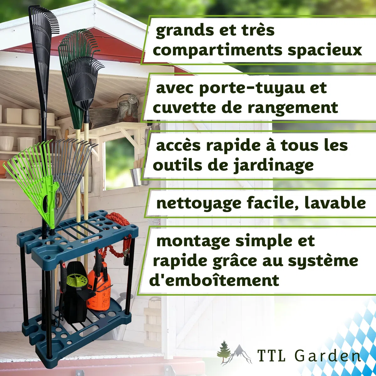 TTL Commerce Garden Support rectangulaire outils de jardin 61x58x31cm 28 compartiments Support et organiseur le rangement balais,bêches,râteaux et outils de jardin,abri de jardin et garage Vert/Noir