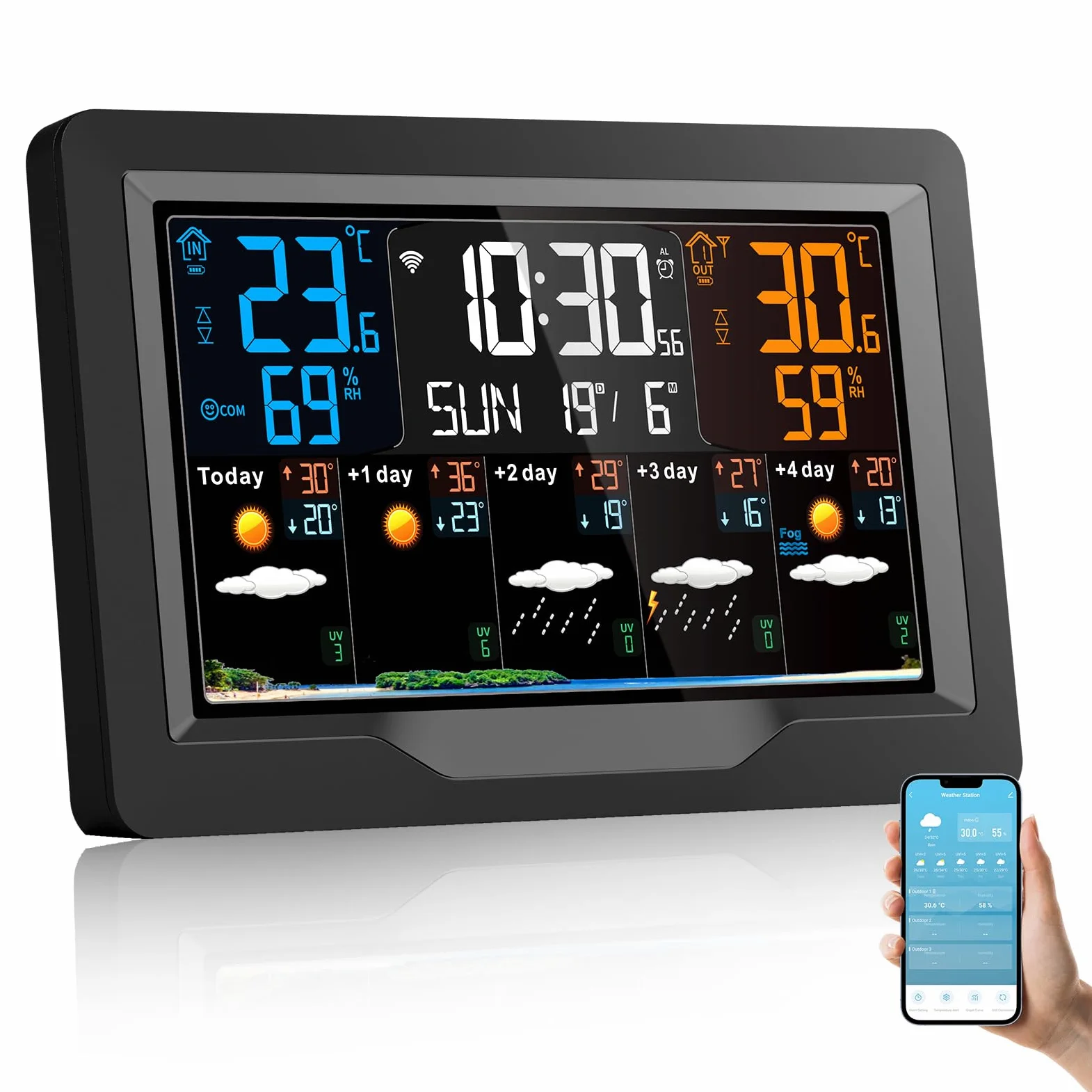 Station Météo Intérieur Extérieur sans Fil Regevo, Station Meteo Connectée WIFI, Thermomètre et Hygromètre avec Capteur, Prévisions Météo 5 Jours, Indice UV, Baromètre, 4 Luminosités Réglables