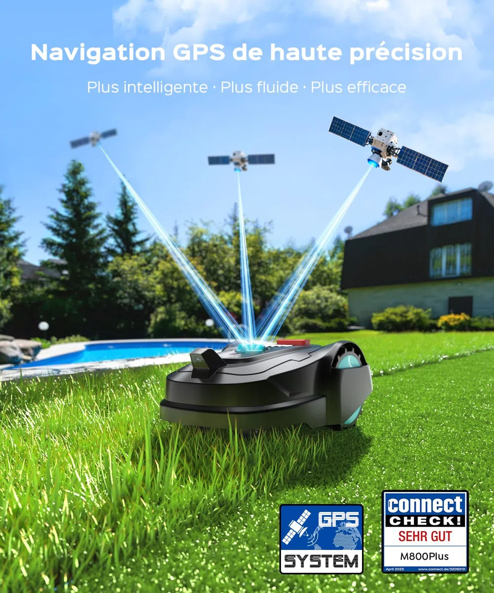 YARDCARE M800Plus Robot Tondeuse sans Fil Périphérique, Jusqu’à 800 m², Coupe en U, GPS + Vision IA, Contrôle Via App, Évitement de 150 Obstacles（Noir et Bleu）