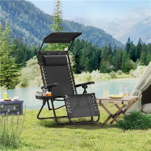 Yaheetech Chaise Longue avec Pare Soleil Bain de Soleil Pliable, avec Pare Soleil & Appuie-tête, Chaise Longue inclinable Transat de Plage Relax Camping Salon de Jardin Exterieur, Gris (1, Noir)