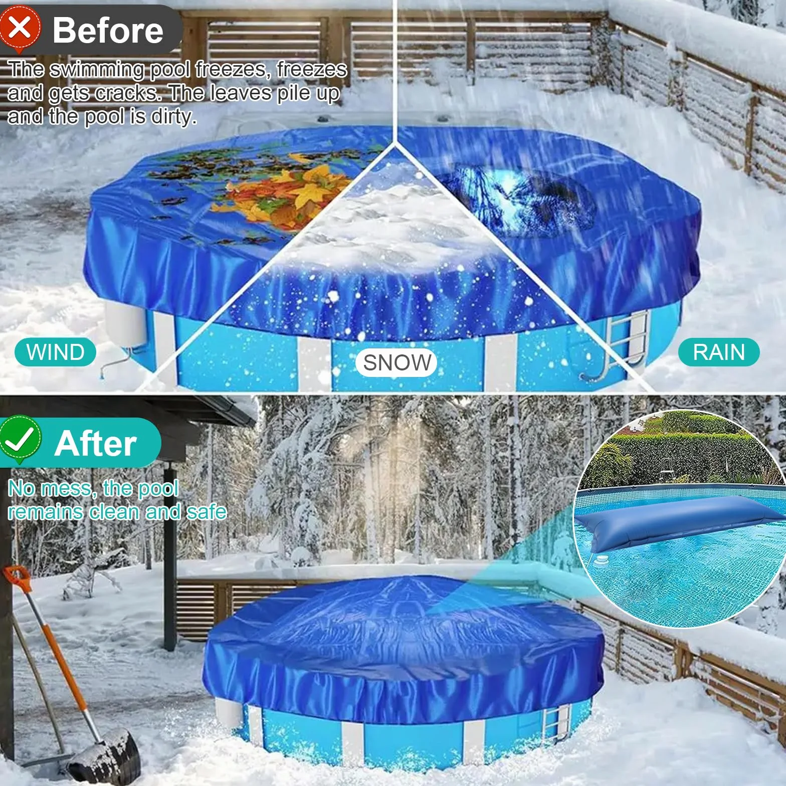 4M Coussin Gonflable de Piscine, Oreiller de Protection pour Bâche de Piscine Rectangulaire avec Double Couture, Valve de Sécurité &Corde 10 m, Coussin Gonflable de Piscine d'hivernage