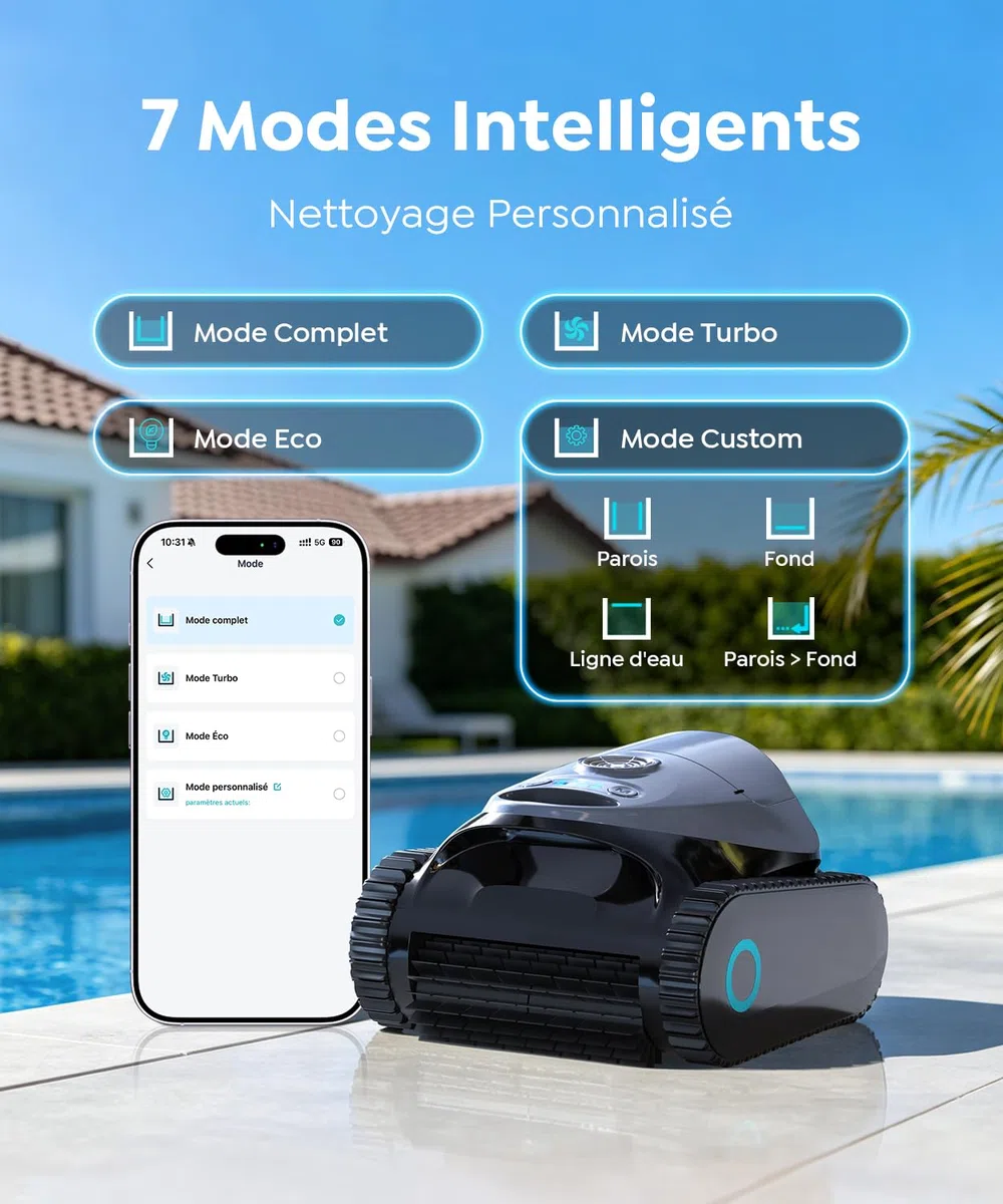 C1 Robot Piscine Fond et Parois, Ligne d'eau, Double Filtre, Robot Piscine sans Fil, 7 Modes, 180 Min d'Autonomie, Puissant Aspirateur pour Piscines jusqu'à 150 m², Gris