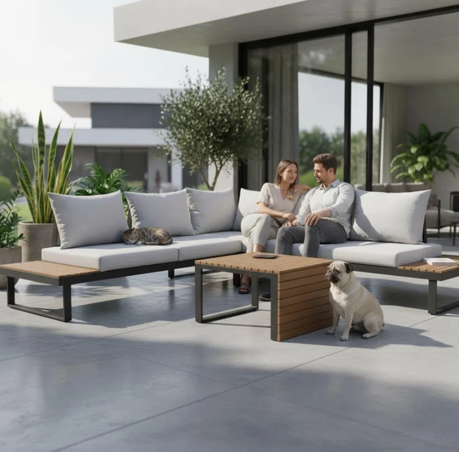 BDW Marbella Salon de jardin en aluminium gris avec polywood design modulaire pour terrasse et jardin, canapé 2 places, canapé d'angle, table basse