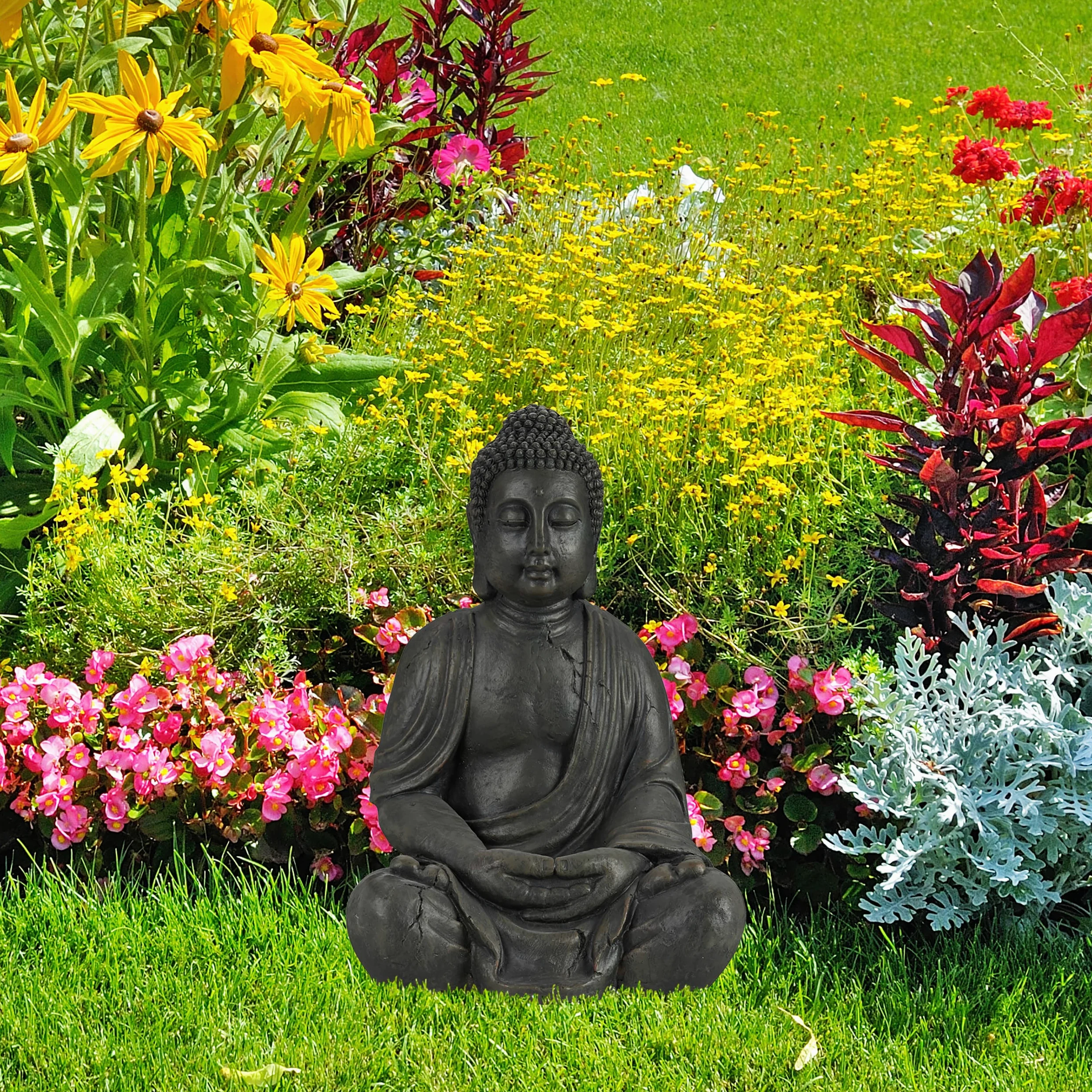 Relaxdays Statue de Buddha Figurine de Bouddha décoration Jardin Sculpture céramique Zen 70 cm, foncé, Gris/argenté/métallique