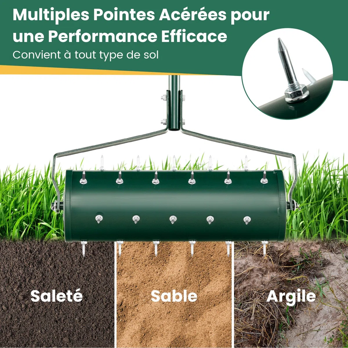 RELAX4LIFE Scarificateur Gazon Manuel 53CM avec Poignée &Rouleau à Pointes Rotatives, Rouleau Aérateur Gazon de Pelouse en Métal pour Jardin Cour Patio (6.8L | 53x130CM, Vert)