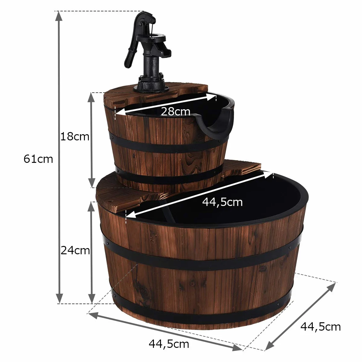 GOPLUS Fontaine à Eau à 2 Couches en Sapin Carbonisé, Écoulement d’Eau Ajustable, Fontaine Extérieure avec Pompe Manuelle Décorative, Idéal pour Jardin ou Cour, Marron Foncé