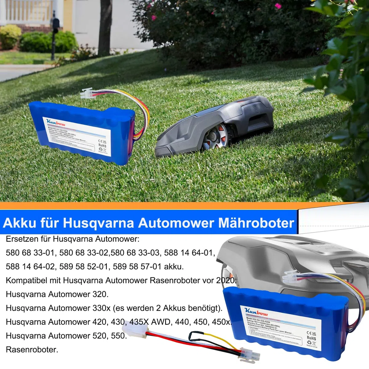 Batterie 5200 mAh pour Tondeuse Robot, Batterie de Rechange pour Husqvarna Automower 320, 330X, 420, 430, 430X, 440, 450X, 520, 550, remplaçant la Batterie 580 68 33-01, 580 68 33-02. (18 V/93,6 Wh)