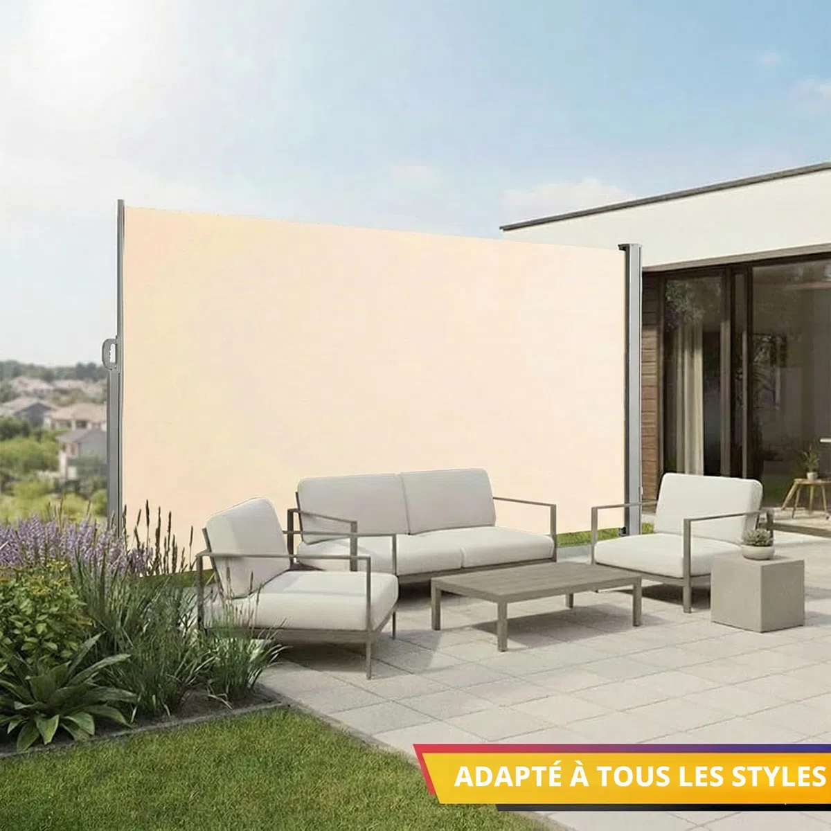 Floordirekt Store latéral en aluminium, 180 x 450 cm, beige, extensible, brise-vue et protection solaire, pour balcon et terrasse, polyester 280 g/m² (PU), protection UV UPF50+, avec support au sol