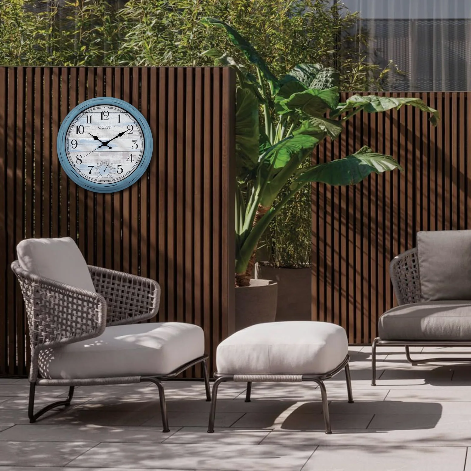 OCEST Grande horloge murale d'intérieur et d'extérieur de 40,6 cm, étanche avec thermomètre, résistante aux intempéries, sans tic-tac, horloge décorative à piles pour terrasse, piscine, porche,