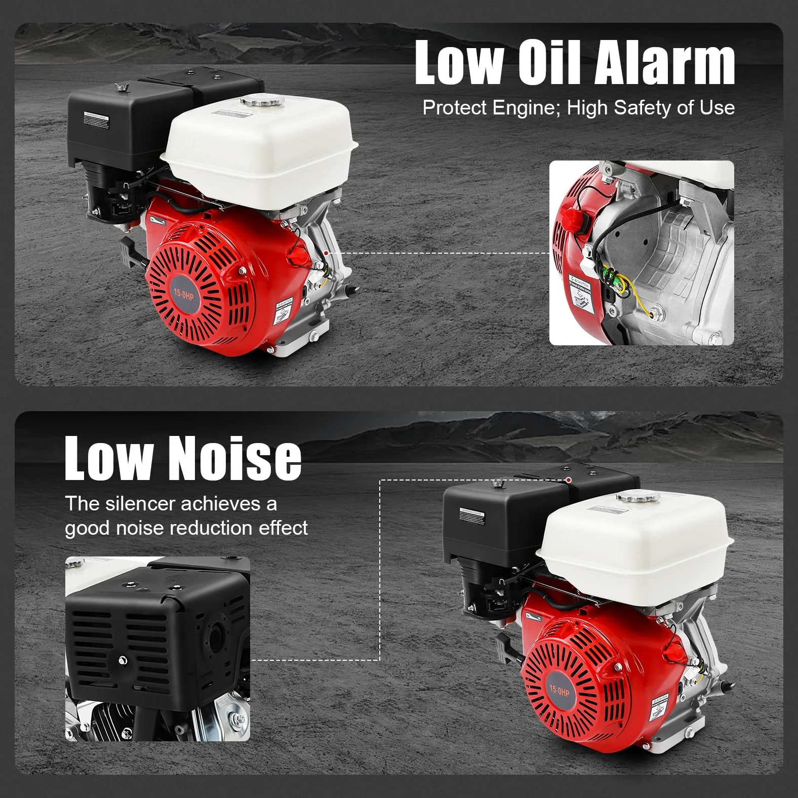 Moteur à 4 temps, moteur à kart, 15 CV, moteur à essence, pour charges lourdes, avec fonction de protection contre les manques d'huile, refroidissement par air, alarme d'huile pour machines à pompe