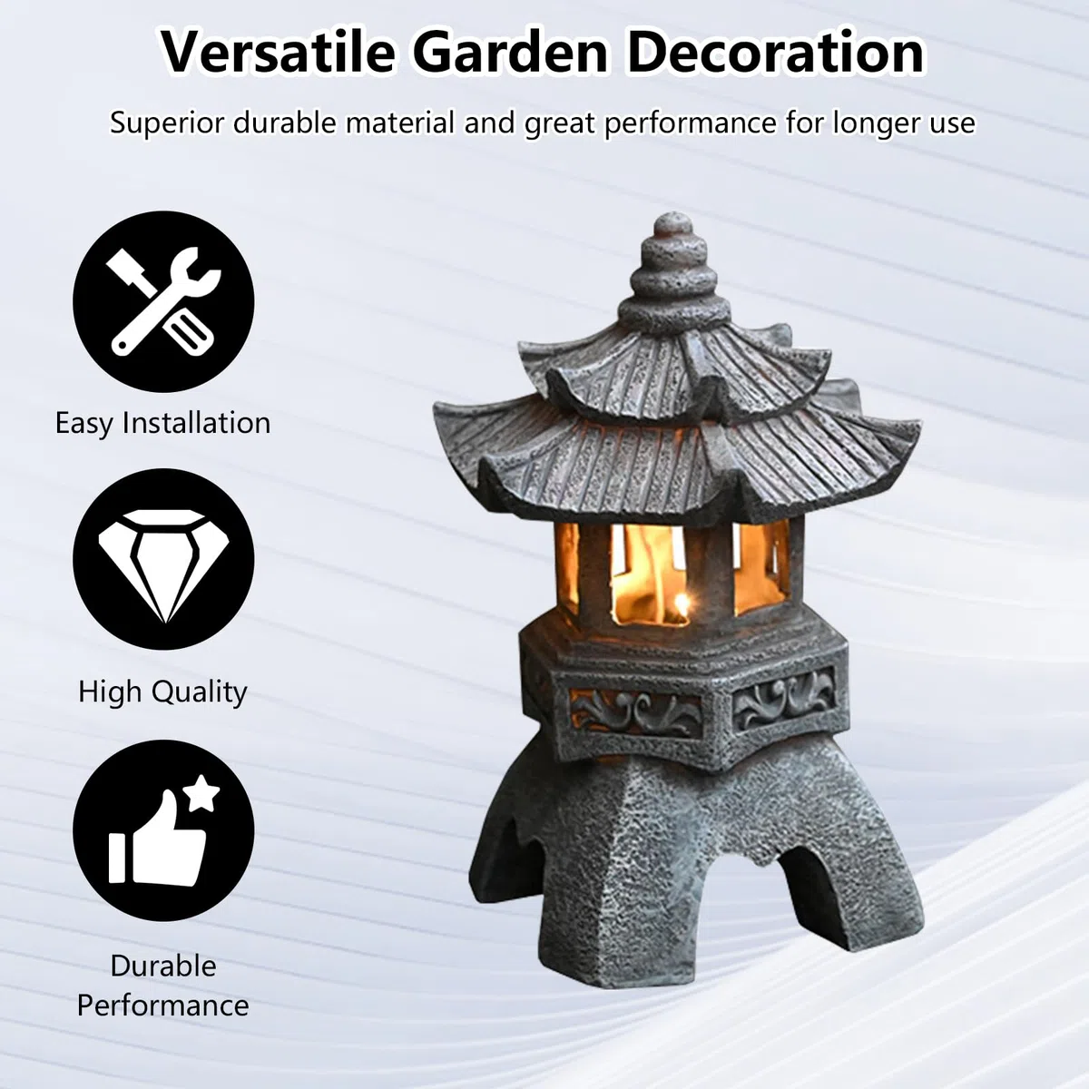 Lanterne Solaire de Jardin, Zen Statue de Jardin Décorative en Résine, Lampe Solaire pour Extérieur, Ornements Lanterne Japonaise en Pierre, Statue Décoration pour Balcon, Terrasse, Véranda et Cour