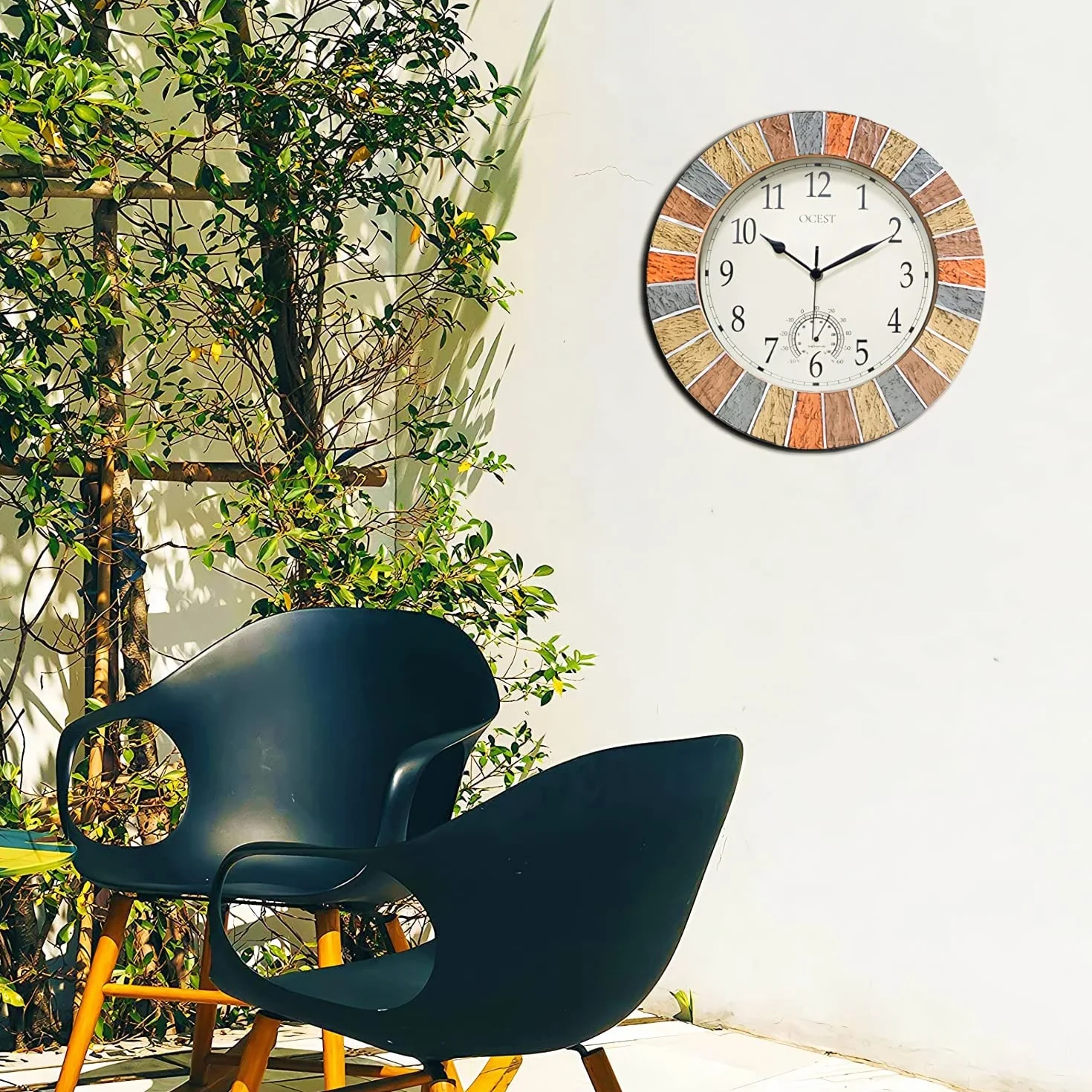 Ocest Grande horloge murale d'extérieur et d'intérieur étanche avec thermomètre, résistante aux intempéries, sans tic-tac, fonctionne avec des piles, jardin, salle de bain
