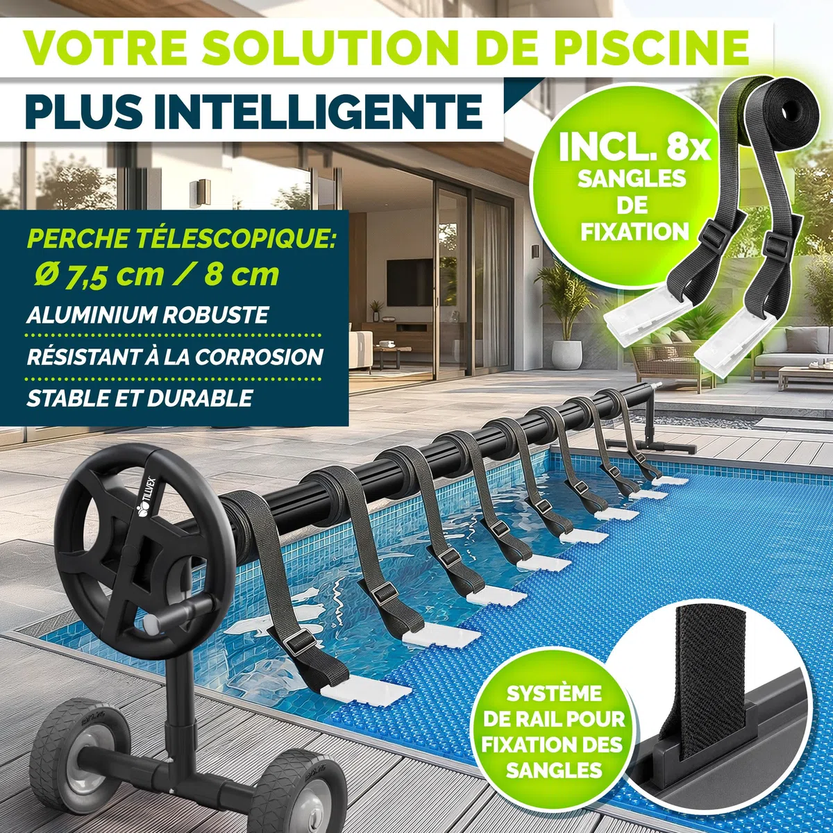tillvex Enrouleur de Piscine 3-5,70 m avec pneus Pleins Thermomètre & Pattes de Fixation | Système d'enroulement pour bâche Solaire | Dispositif de déroulement pour bâche et Couverture de Piscine