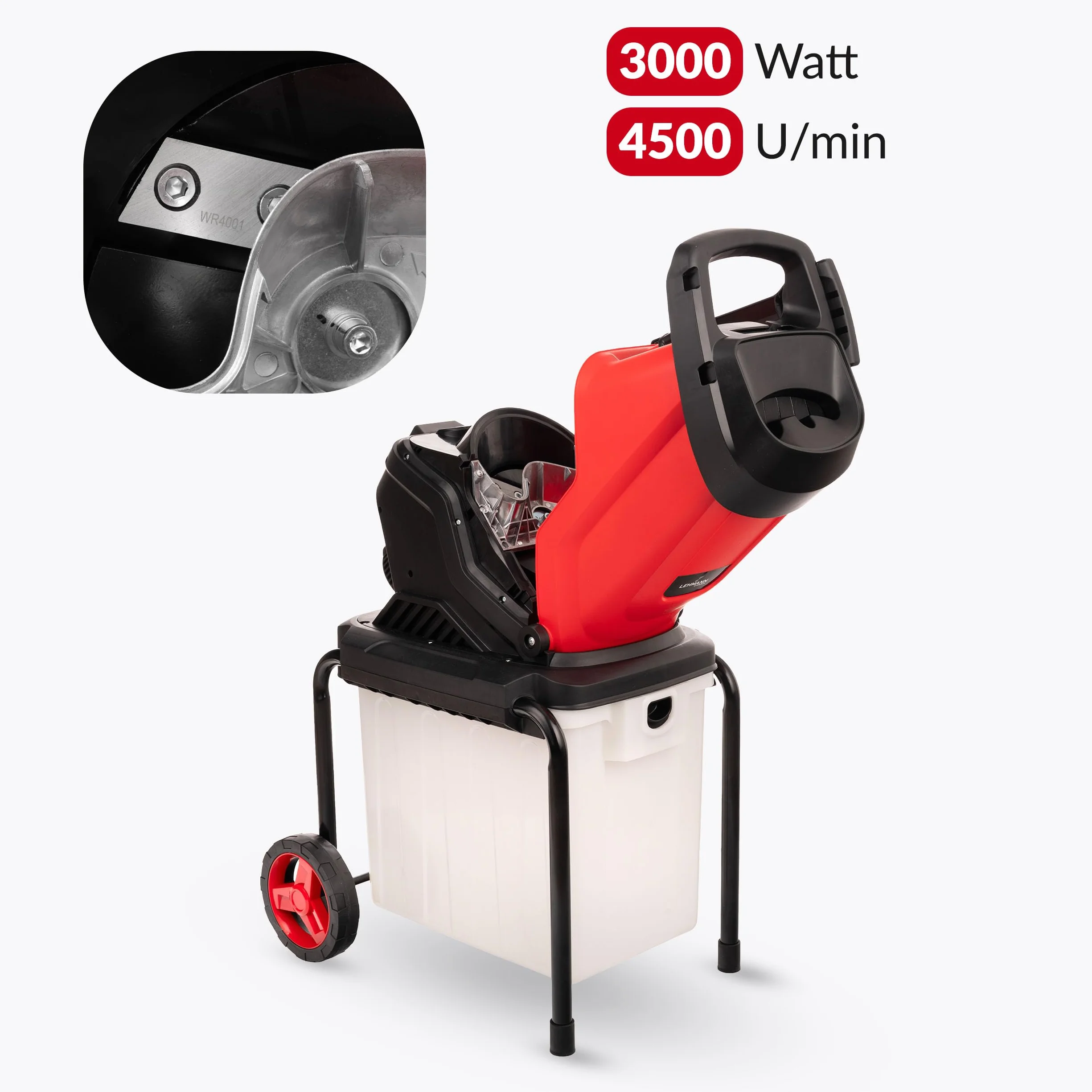 LEHMANN Broyeur Végétaux Électrique 3000 W, pour Branches jusqu'à 45 mm, Châssis robuste, Roues et Bac 50 L, Accessoires - Lunettes de Protection et Sécateur, Interrupteur de sécurité
