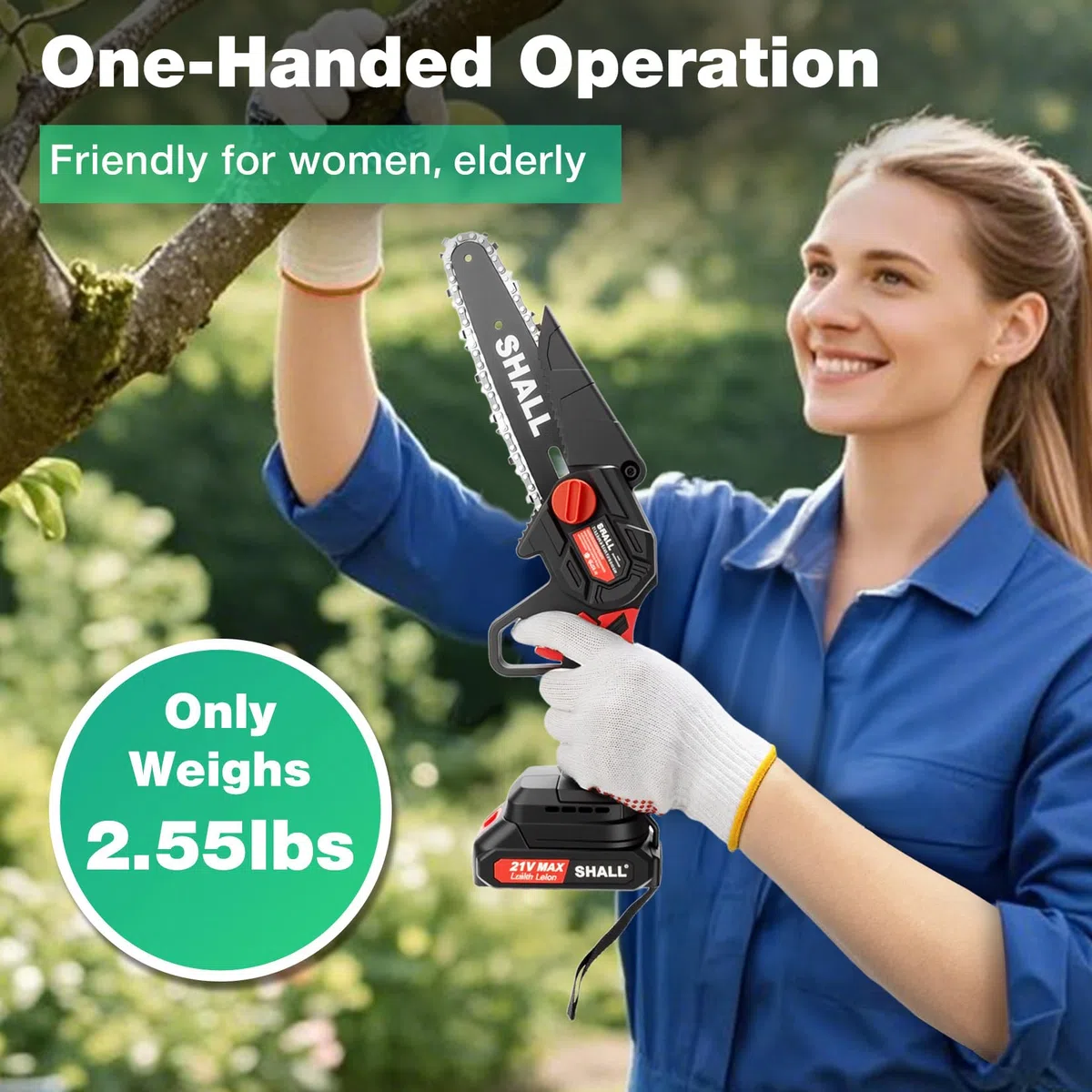 SHALL Mini tronçonneuse portable,Moteur sans balais 21 V,2 batteries à charge rapide,4 chaînes, coupant des branches, de jardinage meilleur choix pour mari, père, amateurs de bricolage en bois