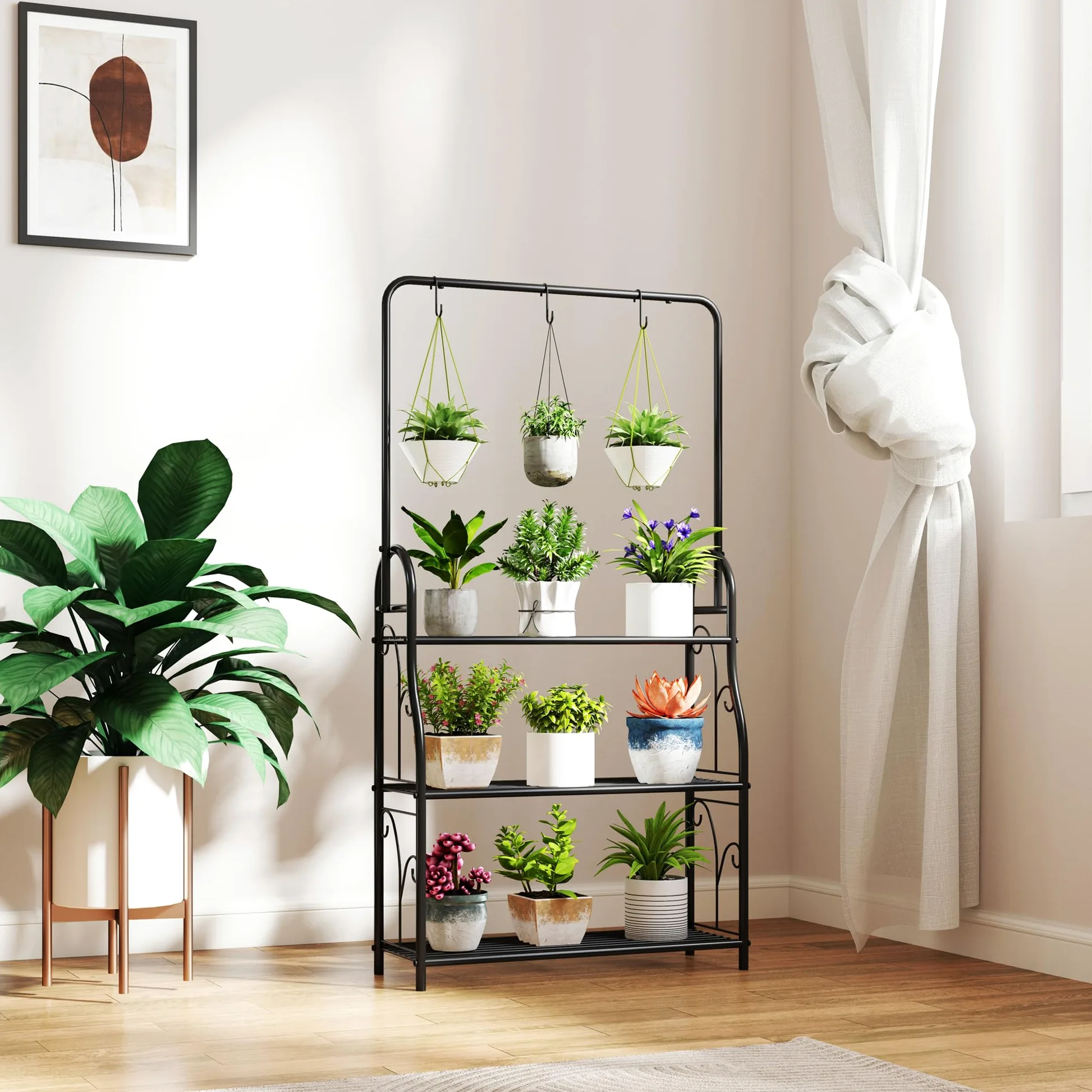 Outsunny Étagère à fleurs 3 niveaux pour Intérieur Extérieur Métal Noir | Support de Plantes, Tige de Suspension, 3 Crochets, pour Balcon, Salon, Chambre, Jardin