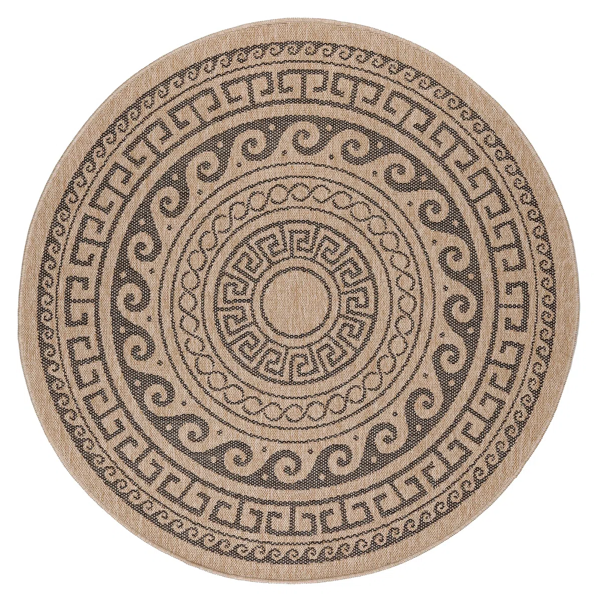 Teppium Tapis d'extérieur résistant aux intempéries, 120 cm, rond, aspect sisal naturel et jute – Tapis de cuisine lavable, antidérapant, imperméable, design greek, facile d'entretien – Idéal pour